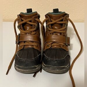 Polo by Ralph Lauren Black Leather Boots with Green Interior and Brown Laces